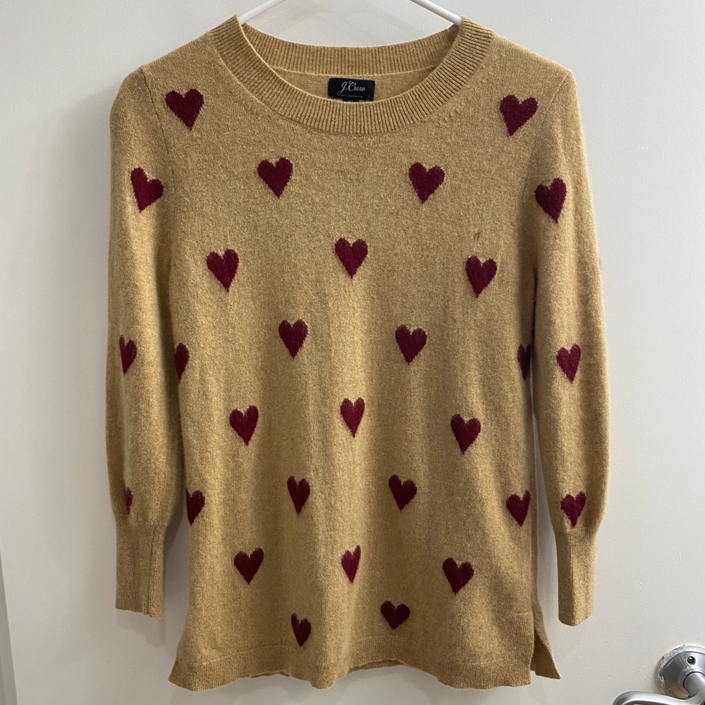 J. Crew 100% Cashmere Intarsia Hearts Everyday Sweater Size XS